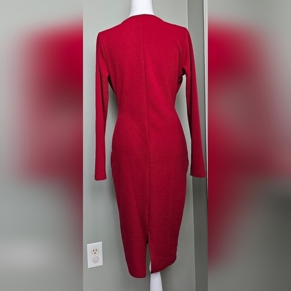NWOT RED Bodycon Faux Wrap Midi Dress MEDIUM Holiday Party Dress - Picture 3 of 6